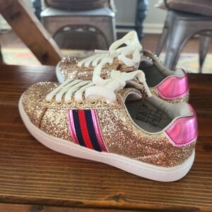 NWOT Glittery Gold and Metallic Pink With Navy/Red Stripe Kids Sneakers …